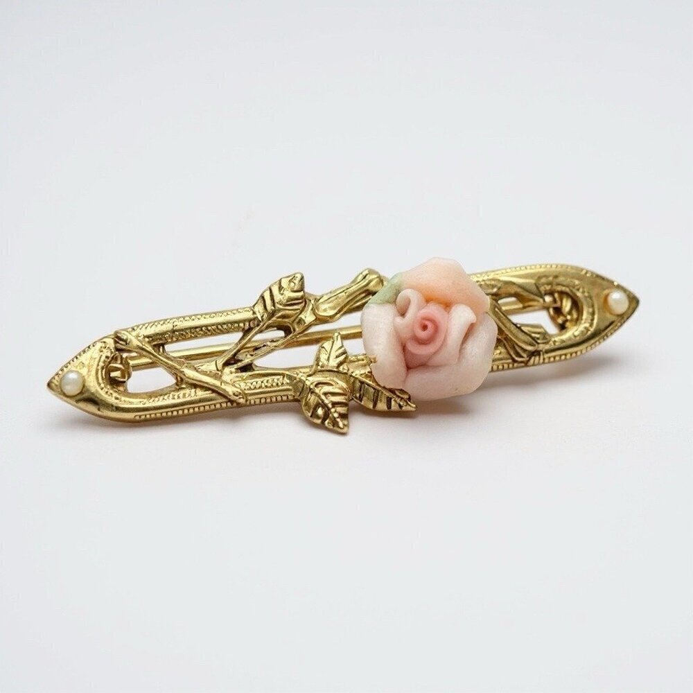 Vintage 1928 Bar Brooch Gold Tone Pink Porcelain Rose Floral Pin Cottagecore